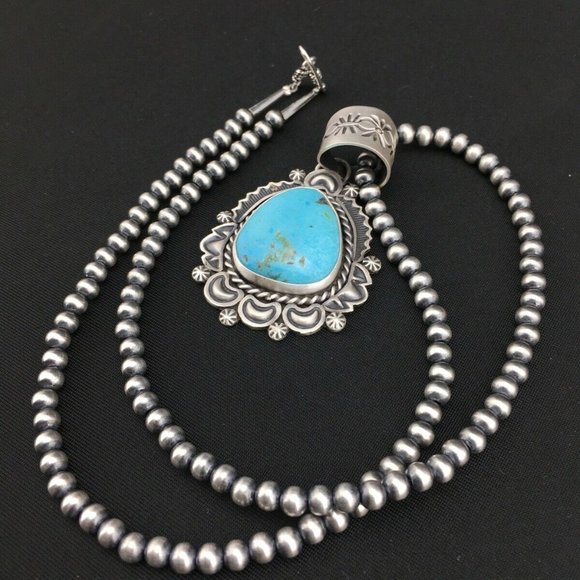 Navajo Sterling Silver Blue Necklace Pendant Ln 20 - Picture 7 of 12